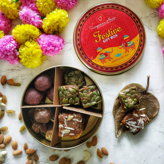 Sampoorna Ahara Sweets Gift Box - Assorted Sweets - Flavours of South India 4 Varieties | Oil-free, Date Sweetened